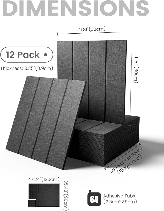 Fluxynara Felt Bulletin Board Tiles Large 48"x36"Cork Board Alternative-12 Pack with 64 Adhesive Tabs, Thick Slat Wall Panels for Office Decor, Push Pin Board Wall Organizer Alternative-Charcoal Gray