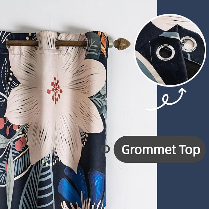Boho Floral 100% Blackout Curtains for Bedroom 63 inch Long 2 Panels Set Grommet Mid Century Botanical Black Out Curtain Thermal Insulated Room Darkening Window Drapes for Living Room 52Wx63L