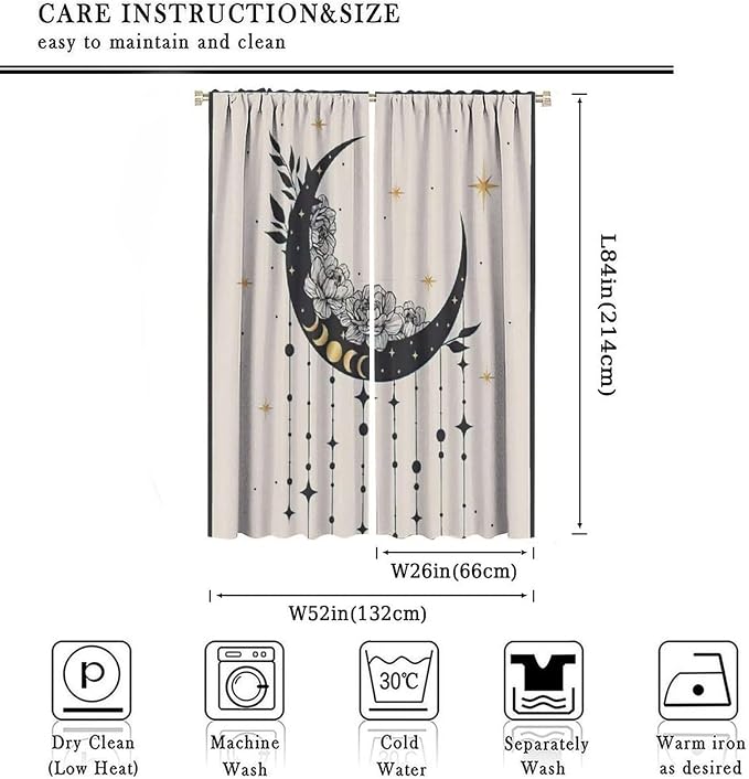 Witchy Curtains, Moody Curtains for Bedroom, Goth Curtains, Moth Curtains Moon Curtains for Bedroom Living Room W52xL84 Inch