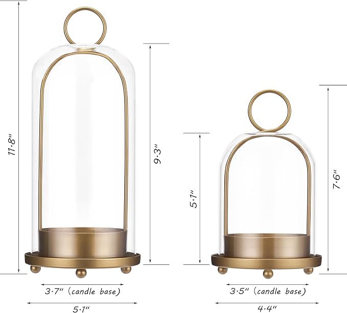 Hurricane Candle Holders Set of 2, 5" & 4" Metal and Glass Candle Lantern with Clear Dome for Pillar Candle, Wedding & Christmas Table Centerpiece, Farmhouse Home Decor (Brass, Large & Small)