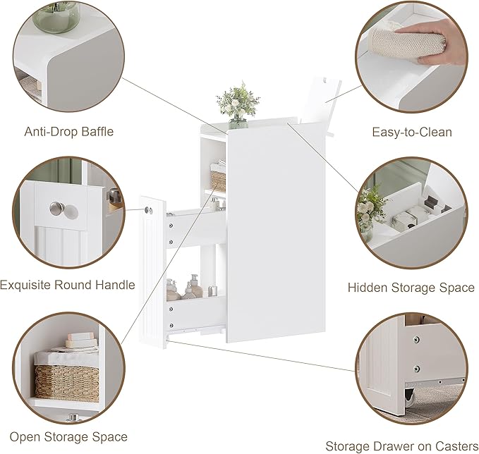 ChooChoo Slim Bathroom Storage Cabinet, Small Narrow Storage Organizer with Slide Out Drawers, Freestanding Toilet Paper Holder, Bathroom Cabinet for Small Places, White