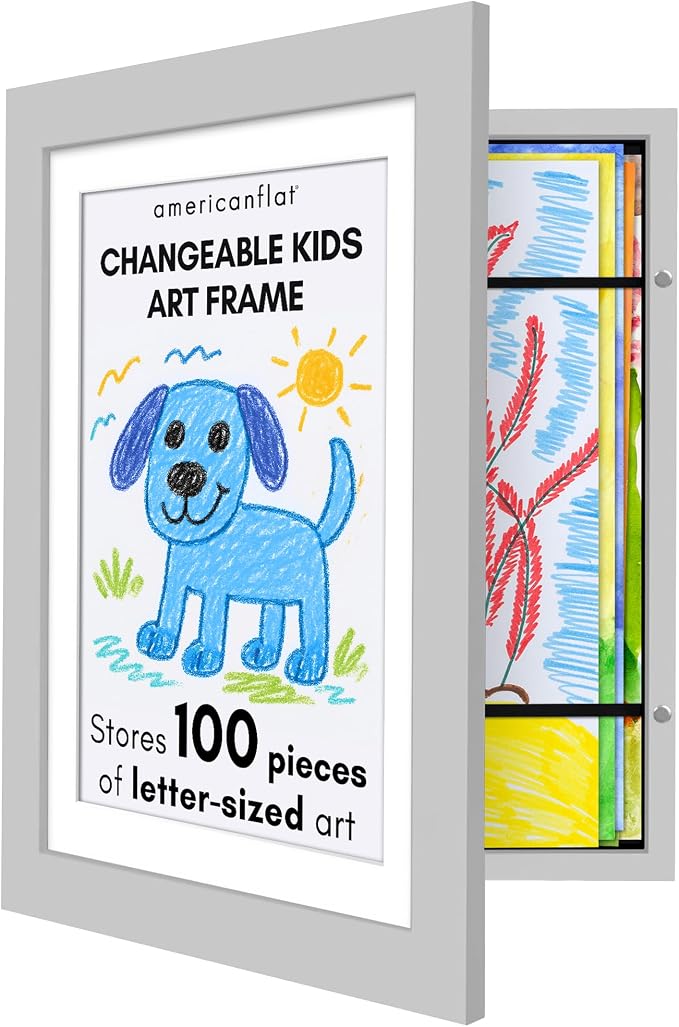 Americanflat Kids Artwork Frame Changeable (Gray) - Magnetic Door Holds 100 Art Pieces - 8.5x11 Letter Size Display with Mat or 10x12.5 Without Mat - My Mini Masterpiece