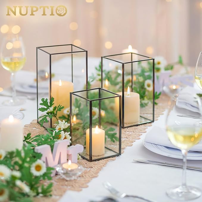 Nuptio Glass Hurricane Candle Holder for Pillar Candles 3 Pcs Black Metal Candle Holders Large Rectangular Candleholder Vase Centerpieces Decoration for Halloween Christmas Party 9.5 & 8.1 & 6.5 inch | Large Rectangular Candleholder Vase Centerpieces D...