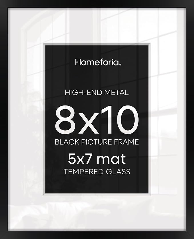 Homeforia Black Picture Frames 8x10, High End Metal 8 x 10 Photo Frame with Mat 5 by 7 Art, 10x8 Black Frame Matted to 5x7 inch Print, 8by10 Wall or Tabletop Frames, Tempered Glass, Wall Kit, Set of 1