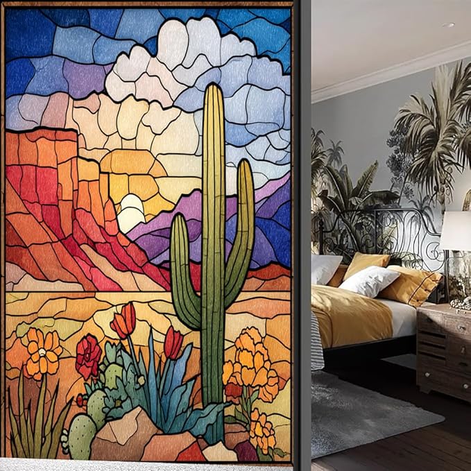 Colorful Desert Stained Glass Window Film, Artistic Cactus Landscape Peel and Stick Privacy Film, Frosted Adhesive Vinyl Decorative for Bathroom Windows Glass Doors, 17.7Wx39.4L inch