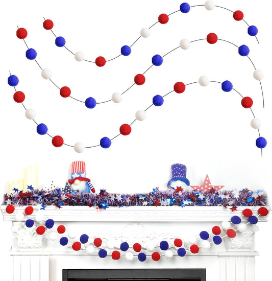 TBD Decor 3pk 4th of July Decorations Patriotic Red White Blue Pom Pom Garland 20FT 4cm Large Felt Ball Garland for Independence Day,Party Home Supplies Decorations