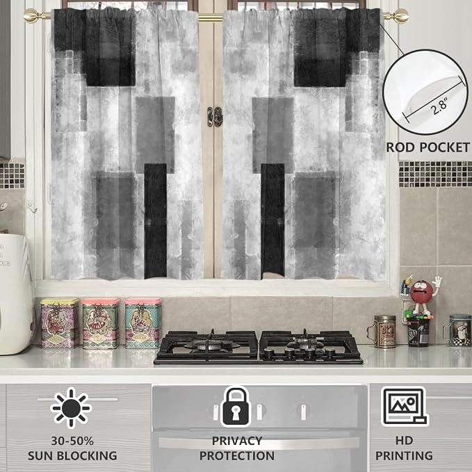 AAtter Black Grey and White Window Curtains for Kitchen Gray Art Abstract Aesthetic Small Short Home Living Room Bedroom Bathroom Drapes Treatment Tiers Fabric 1 Pair, 27.5" W x 39" L, Modern