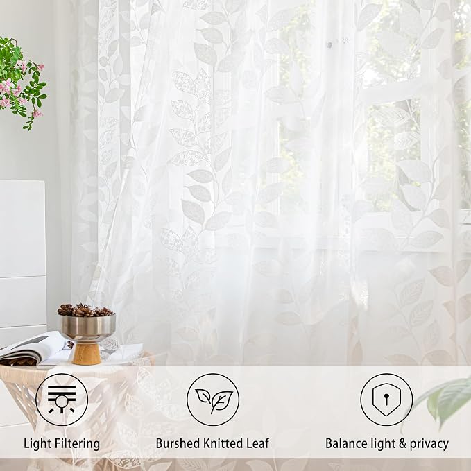Treatmentex Lace White Sheer Curtains for Bedroom 95 inch Long Country Chic Rose Floral Embroidered Sheer Curtain Panels for Living-Room Leaf Window Drapes 54" w 1 Pair Rod Pocket 96 8ft