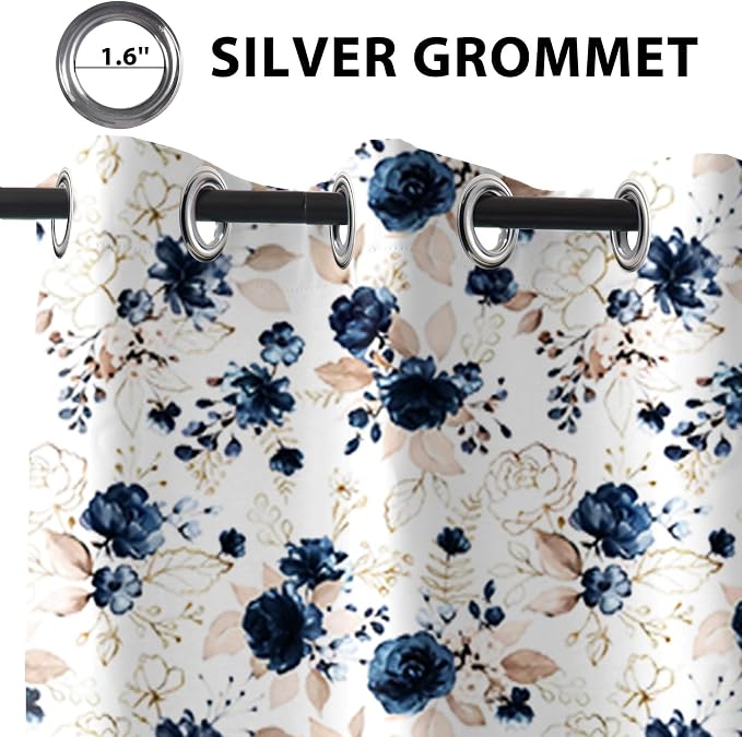 Renaiss Blue and White Floral Blackout Curtains Gold Line Rose Flowers Thermal Insulated Window Drapes for Bedroom 29W x 45L inches 2 Panel Set Window Curtain Panels for Kitchen