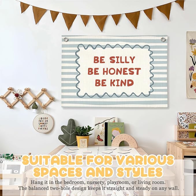 Inspirational Wall Art Banner for Toddler Room Decor, Be Silly Honest Kind, Boy Nursery Decor Boho Retro Wall Hanging Canvas Banner, Classroom Decor for Kids Nursery Toddler Room Bedroom Playroom, 30x20 Inch
