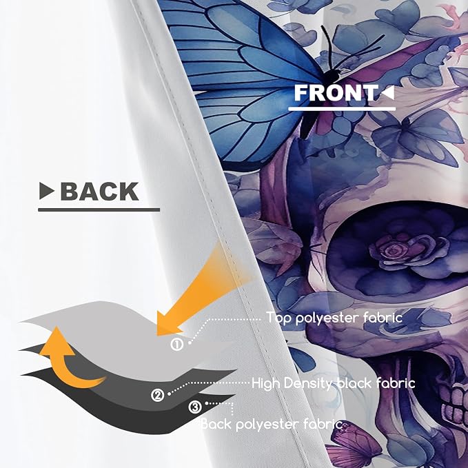 Shrahala Halloween Watercolor Skull Blackout Short Curtains for Windows, Purple Blue Gothic Butterflies Flowers Kitchen Valance Thermal Insulated Rod Pocket Window Treatment 2 Pack 52 X 16 in
