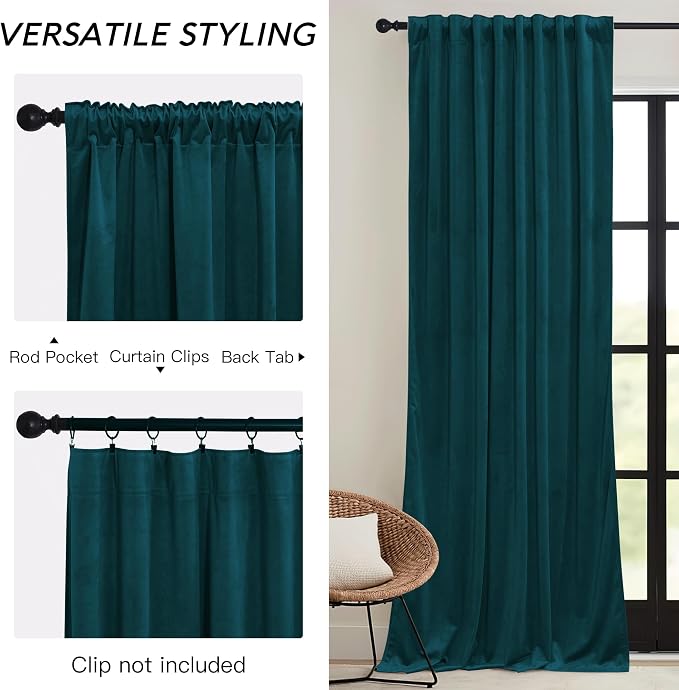 RYB HOME Teal Blue Velvet Curtains for Bedroom Living Room, Thermal Insulated Privacy UV Heat Blocking Luxurious Drapes for Nursery Dining Room, 52" W x 90" L, 2 Panels, Rod Pocket/Back Tab/Hook Belt