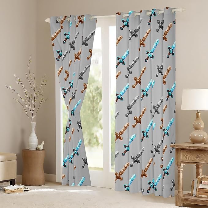 Castle Fairy Colorful Sword Window Curtain,Sandbox Blocke Building Living Room Decor Curtains for Kids Boys Teens,Video Games Window Treatment Grey Modern Blackout Drapes 2 Panels,42Wx84L