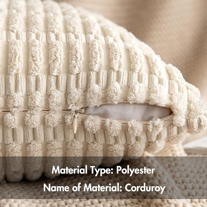 MIULEE Pack of 2 Corduroy Decorative Euro Sham Throw Pillow Covers 22x22 Inch Soft Boho Striped Pillow Covers Modern Farmhouse Home Decor for Sofa Living Room Couch Bed Cream White