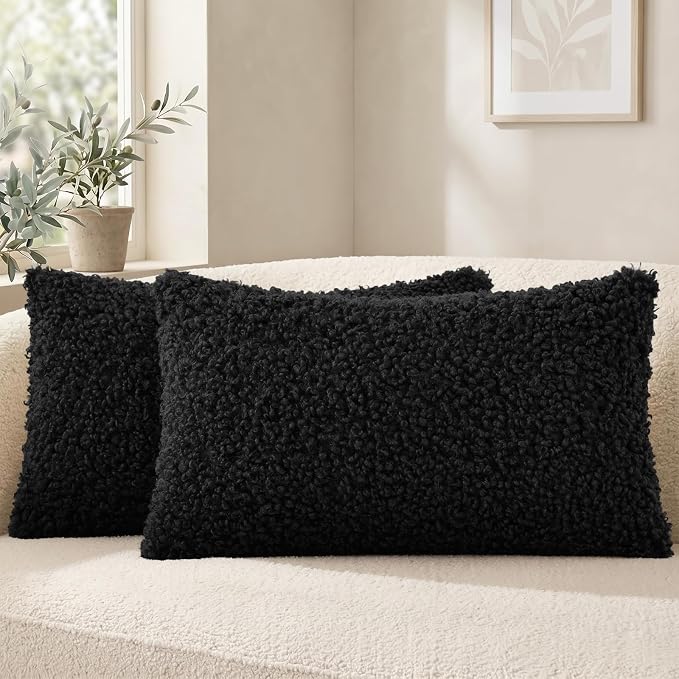 decorUhome Pack of 2 Throw Pillow Covers 12x20 Inch, Faux Fur Decorative Sherpa Pillow Covers Fuzzy Accent Soft Sheepskin Fleece Pillow Cases for Couch Living Room Bed, Black