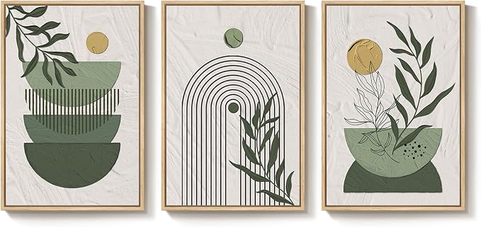 Framed Sage Green Boho Wall Art Bedroom, 3 Piece Bohemian Botanical Paintings Prints Canvas Artwork for Walls, Large Mid Century Modern Boho Pictures for Living Room Home Office Wall Decor, 16x24 In