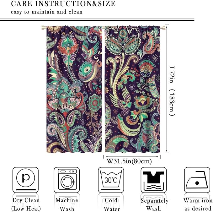 Boho Curtains, Traditional Geometric Ethnic Style Beautiful Floral Pattern, Blackout Curtains Living Room Bedroom Dim Room, 2 Panel Set, 63x72 in.