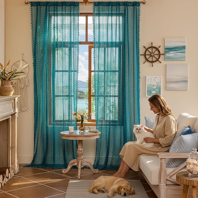 WAZZIO Boho Lace Curtains 84 Inches 2 Panel,Light Filtering Privacy Tassel & Geometry Crochet Semi Sheer Curtain Drapes for Bedroom Living Dining Room,Rod Pocket & Tassel,Coastal Style,Teal