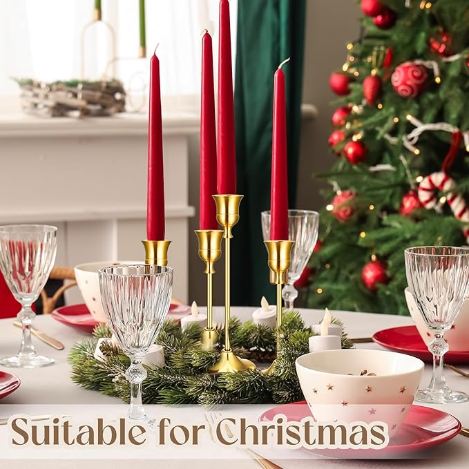 6PCS Brass Gold Taper Candle Holders Set, Vintage Metal Candlestick Holders for Table Centerpiece, Wedding Reception, Festive Christmas Mantel Decoration