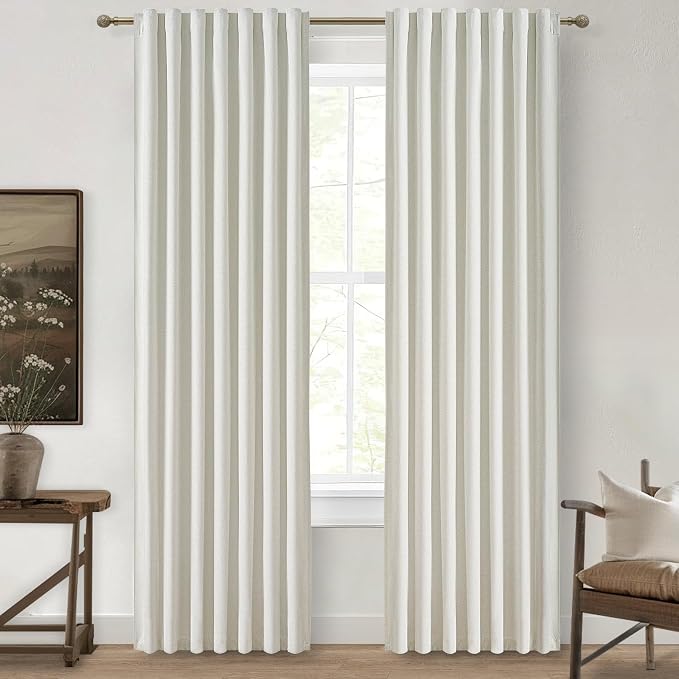 QJmydeco Beige White Linen Curtains 90 Inches Long 2 Panels Set, Modern Neutral Nursery Blackout Curtains for Kids Bedroom Thermal Drapes for Summer Heat Noise Reducing Hook Belt&Back Tab(W50 x L90)