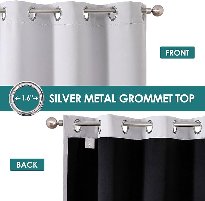 ChrisDowa 100% Blackout Curtains 63 inch Long for Bedroom with Black Liner, 2 Thick Layers Total Blackout Thermal Insulated Grommet Window Curtains 2 Panels Set (Greyish White, 38 x 63 Inch)