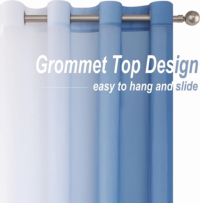 Purainbow Ombre Sheer Curtains Blue 54 Inches Length for Bedroom Living Room, Chiffon Crinkle Semi Sheer Short Curtain Panels Light Filtering Not See Through for Laundry Room, Grommet Top, 52" W