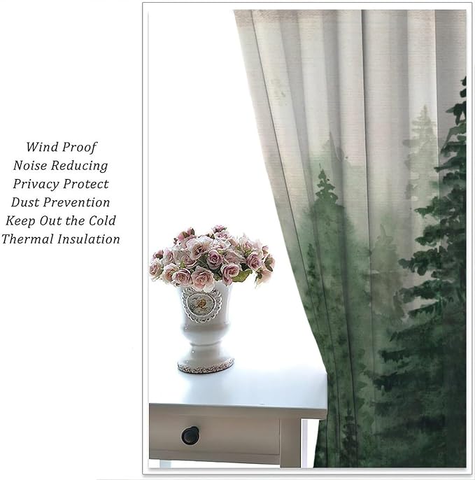 Watercolor Forest Blackout Curtains for Bedroom,Vintage Rustic Watercolor Green Misty Nature Forest Tree Tree Plant Print for Kids Boys Girls Living Room Bathroom 42x63in