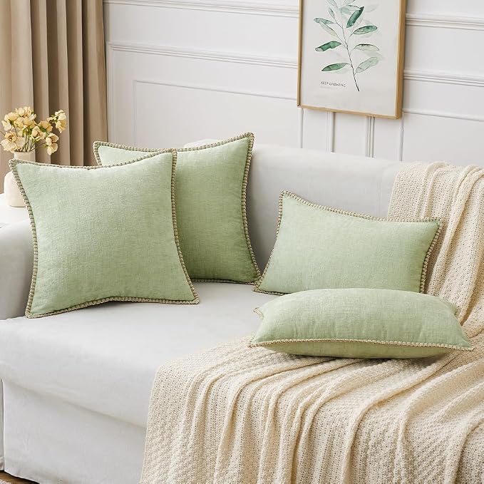 MIULEE Pack of 2 Summer Throw Pillow Covers 18x18 Inch Light Green Farmhouse Decorative Pillow Covers with Stitched Edge Soft Chenille Solid Dyed Pillow Covers for Couch Sofa Bed Living Room