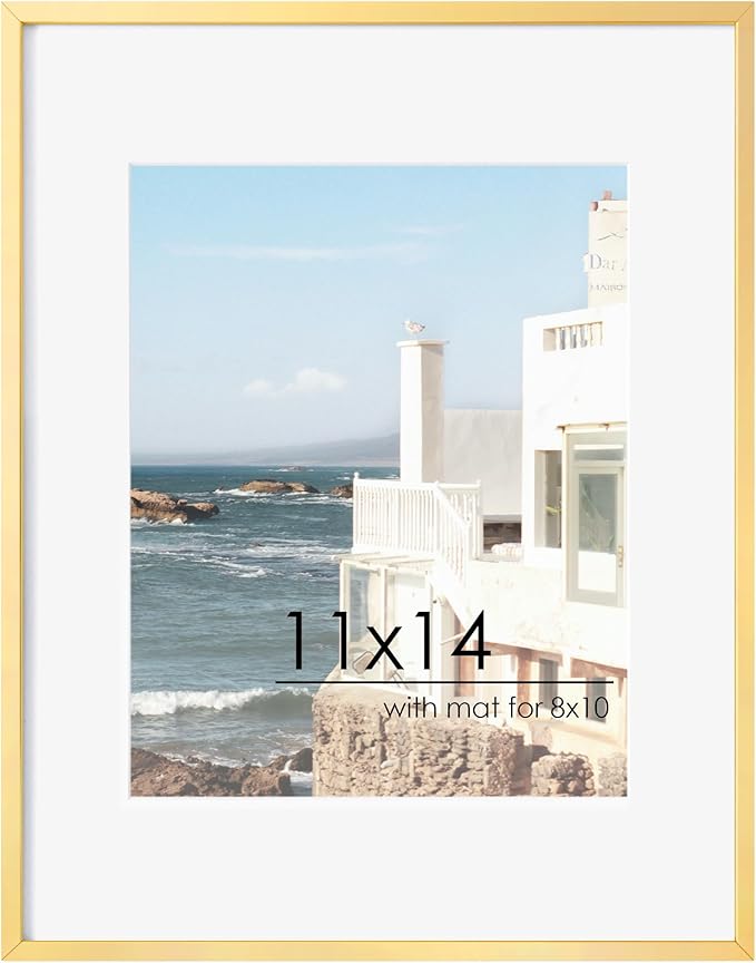 FLYJOE 11x14 Picture Frame - 11 by 14 Metal Picture Frame With Mat For 8x10 | 14x11 Frame Aluminum | Plexiglass And Hanging Hardware Included | 11x14 Poster Frame | Gold