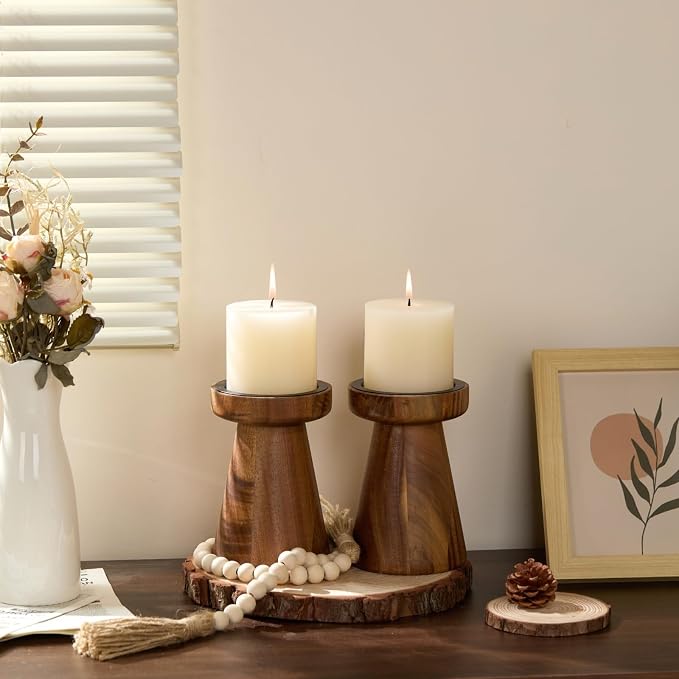Acacia Wood Candle Holders for Pillar Candles, Set of 2 Vintage Rustic Tall Modern Farmhouse Decor, Decorative Wooden Candlestick Stand for Fireplace Mantel, Table Centerpiece