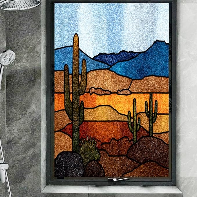 Abstract Desert Frosted Window Film, Colorful Cactus Texture Landscape Stained Glass Privacy Film, Heat Insulation Self-Adhesive Vinyl for Bathroom Office, 15.7Wx35.4L inch