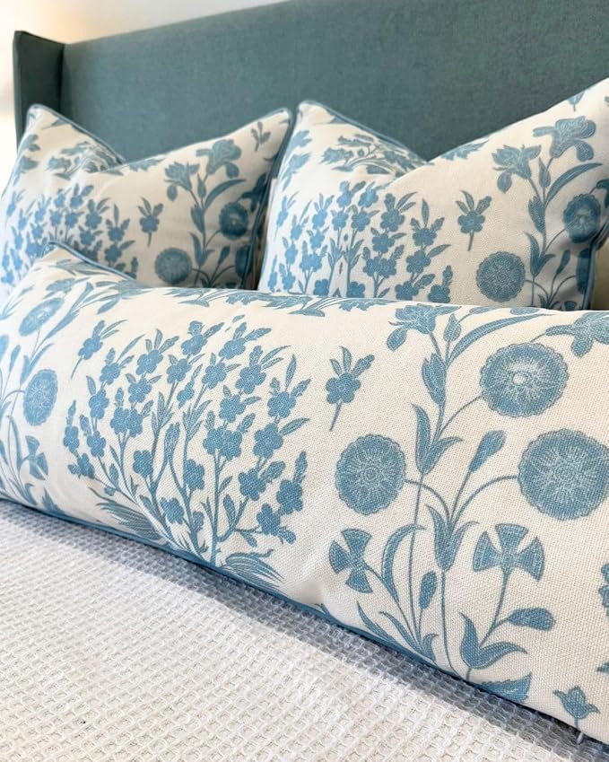 Jillien Harbor “The Charlotte” Bright Sky Blue Floral Block Print Pillow Cover – Off-White Decorative Throw Pillow Cover – Grandmillennial Home Decor, 20" x 20"