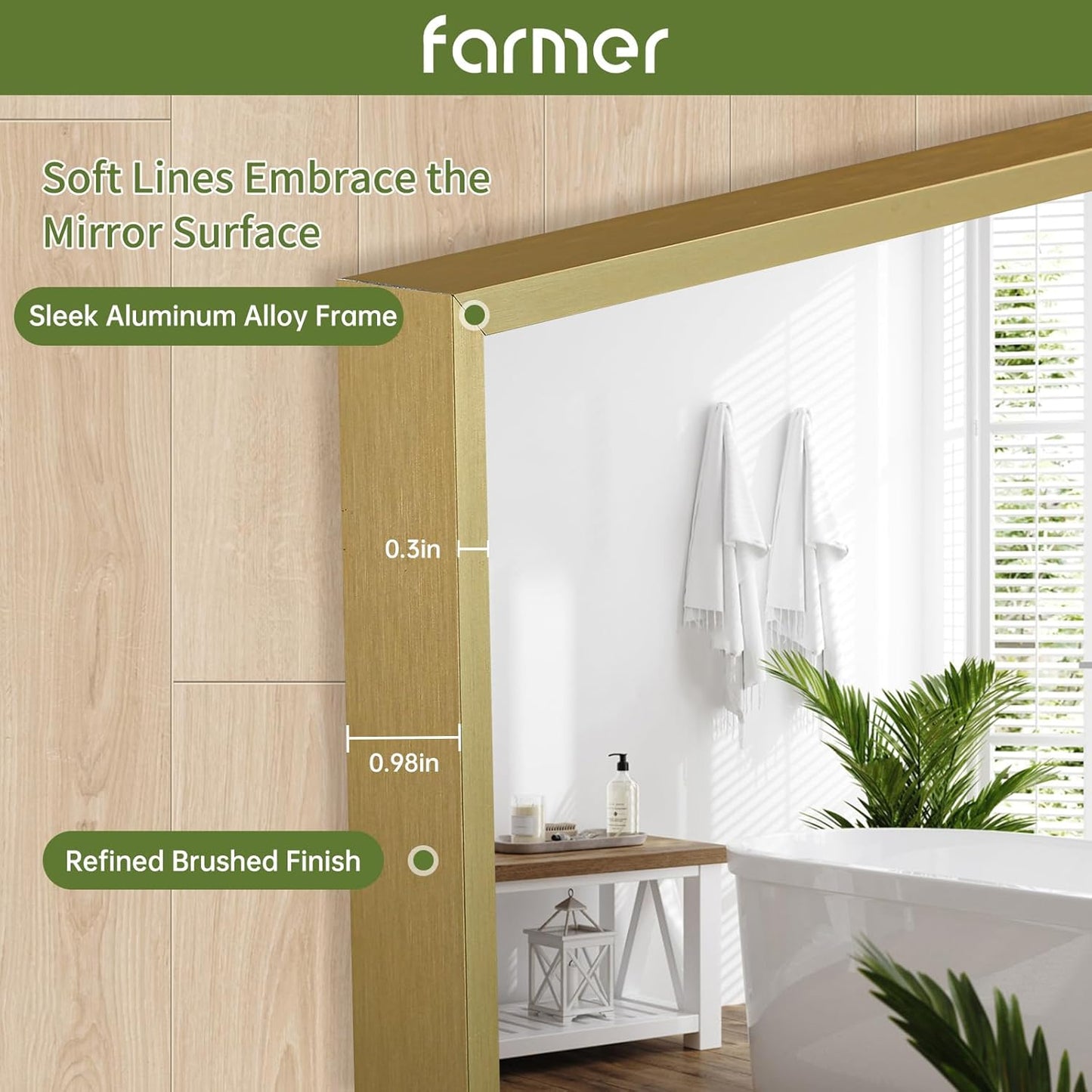 FARMER 24x32 Inch Gold Bathroom Mirror, Rectangle Wall Mounted Mirror, Vanity Mirror, Brushed Square Mirror, Framed Bathroom Mirror for Bedrooms, Entryways, Living Rooms, Horizontal/Vertical