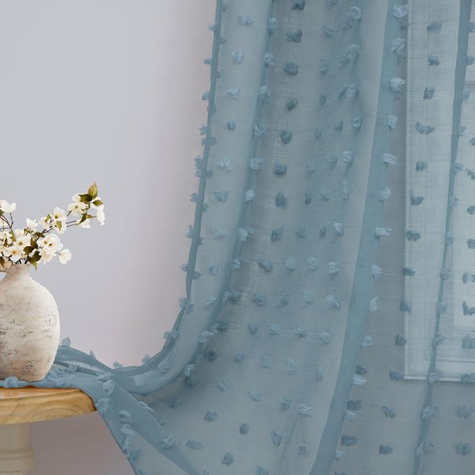Dusty Blue Sheer Curtains for Bedroom 84 Inch Length Pom Pom Design Country Chic Vintage Farmhouse Boho Semi Sheer Curtain for Living Room Girls Boys Kids Room Stone Blue 52 by 84 Inches Long Back Tab