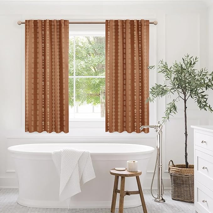 Lino Rosa Short Curtains for Windows Bedroom Blackout Boho Bathroom Window Kitchen Curtains 45 Inch Length Terracotta