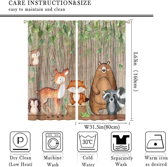 Forest Animal Kids Curtains, Wild Rustic Bear Fox Deer Children Cartoon Window Treatments for Living Room, Watercolor Navy Blackout Drapes 2 Panel Sets,63x63 Inch