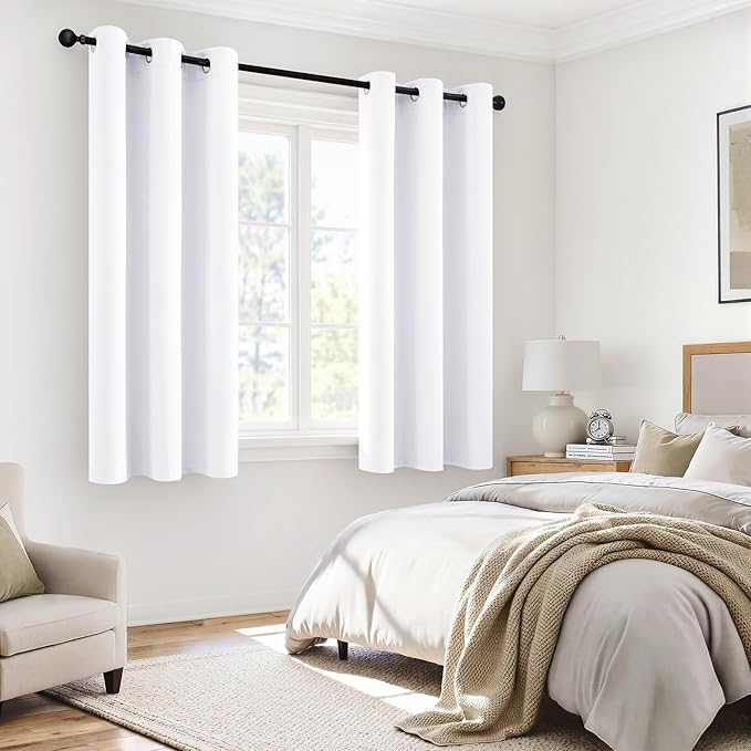 MIULEE White 100% Blackout Curtains for Bedroom 45 Inch Length, 2 Thick Layers Thermal Insulated Short Window Curtains with Black Liner, Noise Reducing Grommet Kitchen Living Room Drapes 2 Panels Set