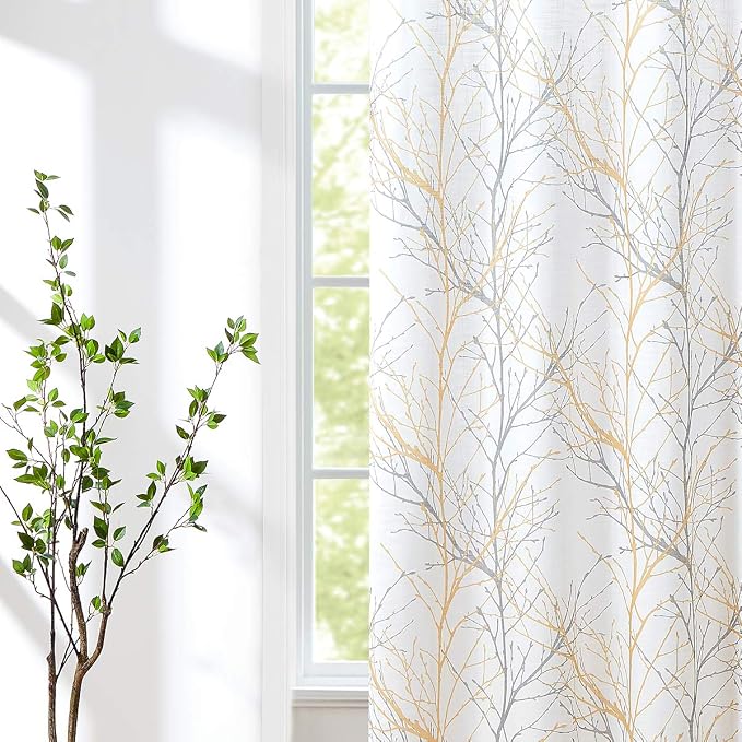 FMFUNCTEX Tree Yellow White Sliding Door Curtain for Living Room 100 x 84 Inches Long Branch Print Linen Texture Semi Sheer Curtain Farmhouse Rustic Window Drapery 1 Panel Grommet Top