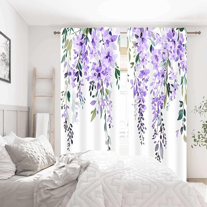 Purple Watercolor Floral Curtains, Botanical Leaves Vine Flowers Curtain, Rustic Farmhouse Flower Leaf Blackout Window Treatment Drapes for Bedroom Living Room 52x90 inch, 2 Panels