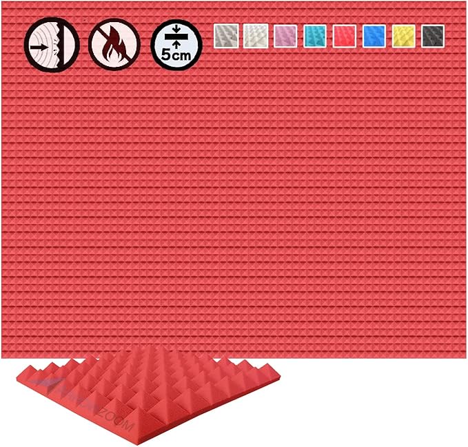 Arrowzoom Acoustic Foam Panels, 48 Pack, 20 x 20 x 2 Inch High Density Pyramid Sound Absorbing Foam for Home Studio, Podcast Room, Recording Booth and Home Theater, Red