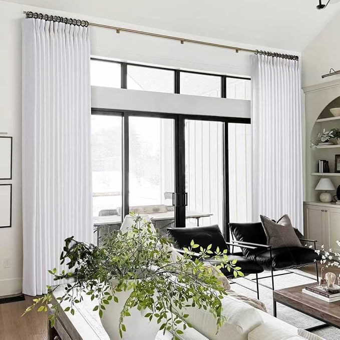 White Pinch Pleated Linen Curtains 144 Inch Length 2 Panels for Living Room Bedroom Textured WhiteSemi Sheer Drapes Pinch Pleat Rings Window Curtain 40x144