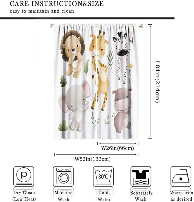 Nursery Curtains Jungle Safari Theme with Giraffe Print, Kids Room Classroom Decor, 52x84 Inches, 75% Blackout Fabric for Baby Nursery, Animal Cub Design, Easy Install & Machine Washable