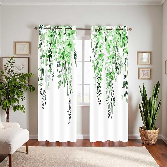 Green Watercolor Floral Curtains, Botanical Leaves Vine Flowers Curtain, Rustic Farmhouse Flower Leaf Blackout Window Treatment Drapes for Bedroom Living Room 52x96 inch, 2 Panels