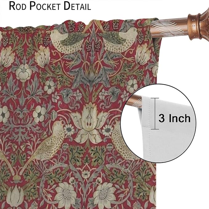 Boho William Morris Blackout Curtains, Retro Bird Plant Natural Flower Pattern Print Window Drapes, for Living Room Bedroom 31.5(W)*63(L) 2 Panels