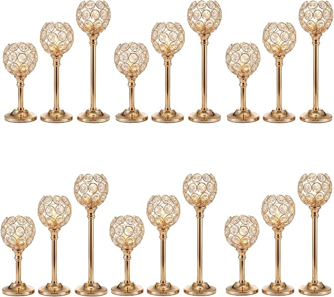 Candle Holder Candlestick Holders- 6Set Gold Crystal Pillar Candle Holders,Metal Candlestick Stands for Wedding Centerpieces,Table Decor for Church,Valentine's Day Housewarming Gift,18Pcs