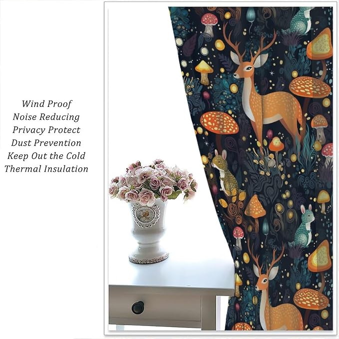Fantasy Plant Semi Sheer Curtains,Cute Woodland Deer Forest Animal Floral Mushroom Print Window Treatments for Bedroom Living Room Study Window Drapes 2 Panels Set,Total Size 42 x 45 Inch