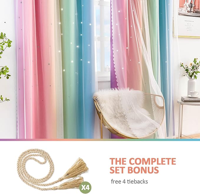 Stiio Kids Blackout Curtains 2 Panels, Star Cutout Ombre Stripe Rainbow Curtains Light Blocking Window Treatment for Girls Bedroom Home Decor, W52 x L95 inches