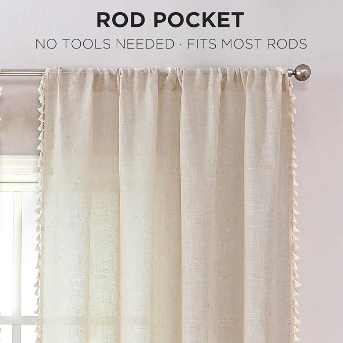 Joydeco Linen Boho Curtains 84 Inch Length 2 Panels, Super Soft Bohemian Farmhouse Curtains with Tassels, Semi Sheer Light Filtering Drapes for Bedroom Living Room (Rod Pocket, 52Wx84L)