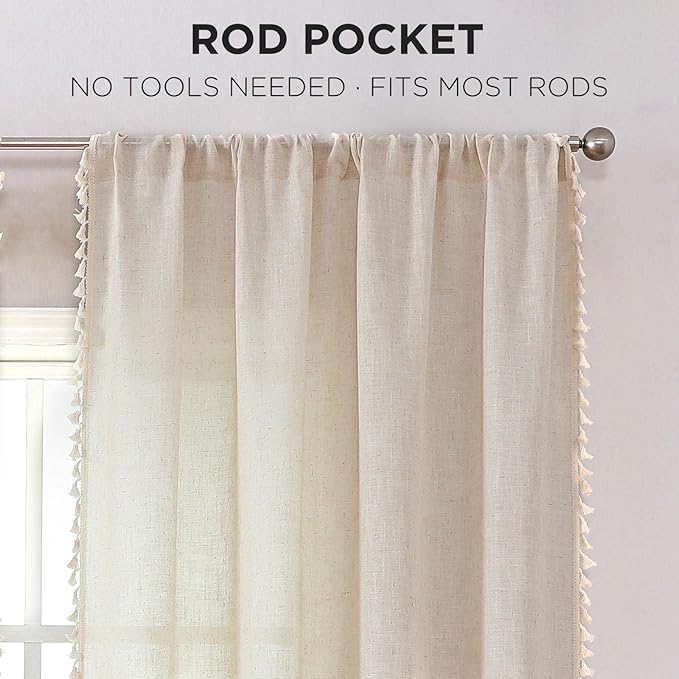 Joydeco Linen Boho Curtains 108 Inches Long 2 Panels, Super Soft Bohemian Farmhouse Curtains with Tassels, Semi Sheer Light Filtering Drapes for Bedroom Living Room (Rod Pocket, 52Wx108L)