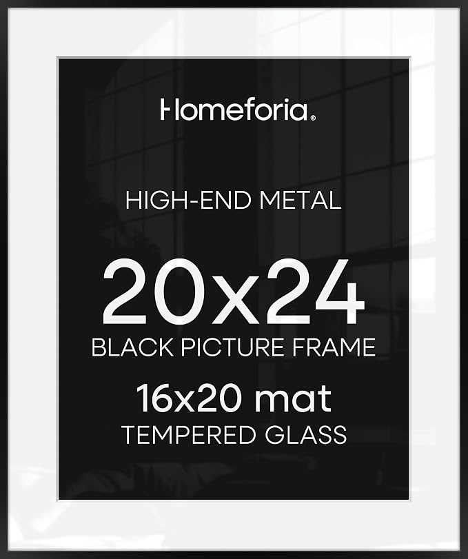 Homeforia 20x24 Picture Frame Black, High End Metal 20x24 Frame Matted to 16x20 Print, 20 x 24 Black Poster Frames with Mat 16 by 20 inch Photo, 24x20 Hanging Frame, Tempered Glass, Wall Kit, Set of 1